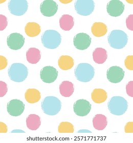 Polka dots abstract seamless pattern crayon drawn. Circular spots allover background. Round brush blobs repeat cover. Scribble oval elements marker draw. Vector surface design festive motif.