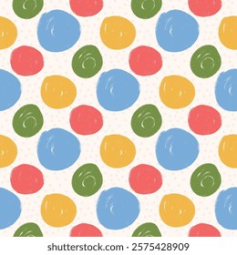 Polka dots abstract seamless pattern crayon drawn. Circular spots allover background. Round brush blobs repeat cover. Scribble oval elements marker draw. Vector surface design festive motif.