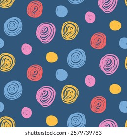 Polka dots abstract seamless pattern crayon drawn. Circular spots allover background. Round brush blobs repeat cover. Scribble oval elements marker draw. Vector surface design festive motif.