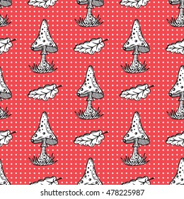 Polka dots Background with Poisonous Mushrooms. Hand drawn doodle Amanita and Oak Leaves - Vector Seamless Pattern
