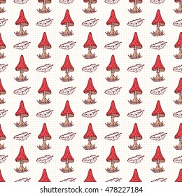 Polka dots Background with Poisonous Mushrooms. Hand drawn doodle Amanita and Oak Leaves - Vector Seamless Pattern