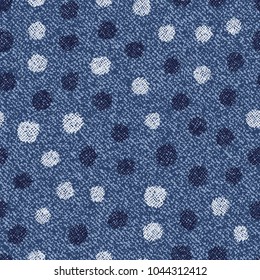 Polka dots background. Vector Denim seamless pattern. Blue jeans cloth.