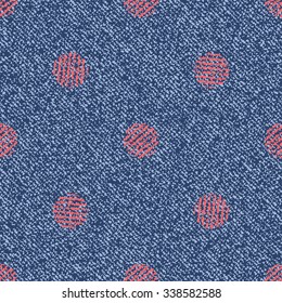 Polka dots background. Vector Denim seamless pattern. Blue jeans cloth.