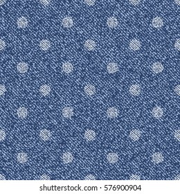 Polka dots background. Vector Denim seamless pattern. Blue jeans cloth