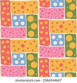 Polka dots bento grid seamless pattern. Circle confetti endless background. Birthday round elements repeat cover. Colorful pokadot chaotic spots continuous ornament. Vector illustration.
