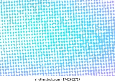 Polka dots  blue gradient background. Vector halftone illustration. Geometric monochrome dotted pattern. Pop art cover with bubbles in contrast colors. Template design for poster, banner, card, flyer.