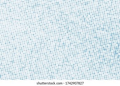 Polka dots blue and white background. Vector halftone illustration. Geometric monochrome dotted pattern. Pop art cover with bubbles in pastel colors. Template design for poster, banner, card, flyer. 