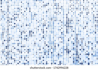 Polka dots  blue, white background. Vector halftone illustration. Geometric monochrome dotted pattern. Pop art cover with bubbles in contrast colors. Template design for poster, banner, card, flyer. 