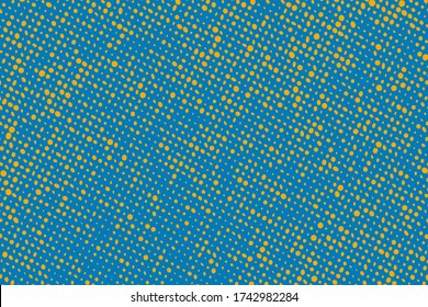 El polka tiene fondo azul y amarillo. Ilustración vectorial de medio tono. Patrón de puntos monocromo geométrico. Cubierta de arte pop con burbujas en colores de contraste. Diseño de plantilla para afiches, banners, tarjetas, volantes. 