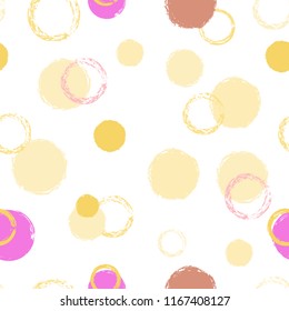 Polka dots brush seamless pattern. Chalk hand drawn rounds, hoops, rings endless repeat print, abstract geometric pattern. Trending pastel ornament background. Art card vector illustration.