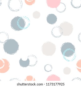 Polka dots brush seamless pattern. Chalk hand drawn rounds, hoops, rings endless repeat print, abstract geometric pattern. Trending pastel ornament background. Art card vector illustration.