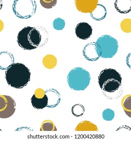 Polka dots brush seamless pattern. Chalk hand drawn rounds, hoops, rings endless repeat print, abstract geometric pattern. Trending pastel ornament background. Art card vector illustration.