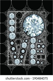 polka dots and circles on a black background is seen a composition formed. white contours on a pattern and 'love' lettering embellished with diamonds and differentiated luxury design.