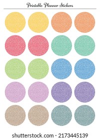 Polka dots colored circle stickers, round labels. Printable sheet for planner.