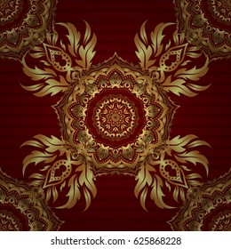 Polka dots, confetti. Shiny backdrop. Art deco style. Abstract geometric modern background. Texture of gold foil. Red and gold seamless pattern. Vector illustration.