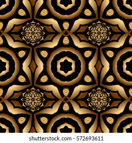 Polka dots, confetti. Texture of gold foil. Black and gold seamless pattern. Vector illustration. Shiny backdrop. Abstract geometric modern background. Art deco style.