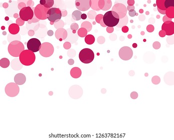 Polka dots confetti vector background. Trendy round shapes decor isolated on white. Pink magenta round elements scatter flying. Splash of polka dot elements. New Year decoration.
