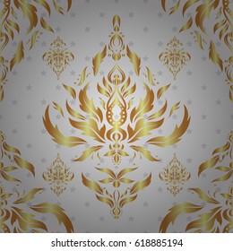 Polka dots, confetti. Vector illustration. Shiny backdrop. Abstract geometric modern background. Art deco style. Texture of gold foil. Gray and gold seamless pattern.