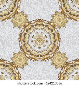 Polka dots, confetti. Vector illustration. Shiny backdrop. Texture of gold foil. Gray and gold seamless pattern. Abstract geometric modern background. Art deco style.