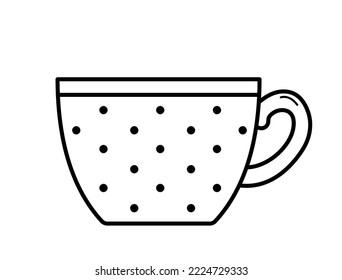 Polka dots cup. Tea or coffee mug. Hand drawn sketch icon of tea or coffee mug. Isolated vector illustration in doodle line style.