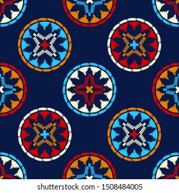 Polka dots. Ethnic boho seamless pattern. Embroidery on fabric. Patchwork texture. Weaving. Traditional ornament. Tribal pattern. Folk motif. Can be used for wallpaper, textile, wrapping, web.