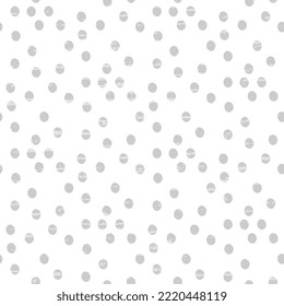 El polka tiene puntos grises al azar esparcidos en un fondo blanco. Ilustración vectorial linda, sin costura, texturada.