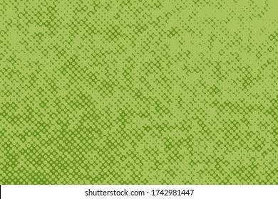 La polka tiene fondo verde. Ilustración vectorial de medio tono. Patrón de puntos monocromo geométrico. Cubierta de arte pop con burbujas en colores de contraste. Diseño de plantilla para afiches, banners, tarjetas, volantes. 