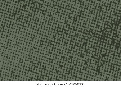 Polka dots green khaki background. Vector halftone illustration. Geometric monochrome dotted pattern. Pop art cover with bubbles in contrast colors. Template design for poster, banner, card, flyer.