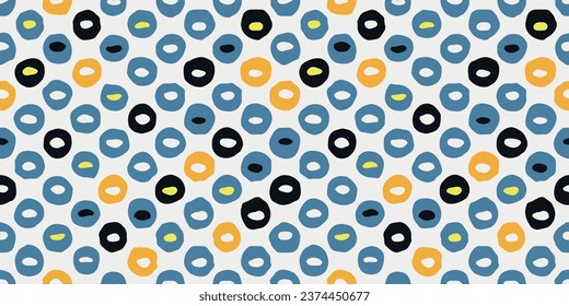 Polka dots made from crooked circles. Colored circles, mostly blue. Vector polka dots pattern.