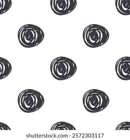 Polka dots monochrome seamless pattern crayon drawn. Circle confetti endless background. Spiral round points by pencil repeat cover. Vector surface design curly ornament motif.