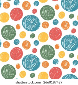 Polka pontos padrão multi cor sem costura. Crayon diferentes crianças elemento infinito fundo. Capa de repetição de ponto simples ingênua. Ornamento contínuo redondo verde, laranja e amarelo. Ilustração vetorial.