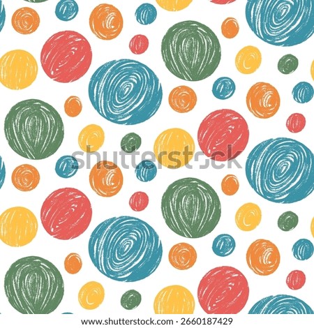 Polka dots multi color seamless pattern. Crayon difrent kids element endless background. Naive simple dot repeat cover. Round green, orange and yellow continuous ornament. Vector illustration.