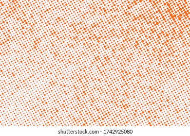 Polka dots orange and white background. Vector halftone illustration. Geometric monochrome dotted pattern. Pop art cover with bubbles in contrast colors. Template design for poster, banner, flyer. 