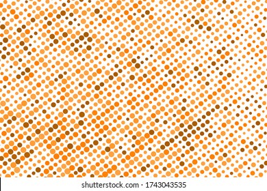 Polka dots orange, white background. Vector halftone illustration. Geometric monochrome dotted pattern. Pop art cover with bubbles in contrast colors. Template design for poster, banner, card, flyer. 