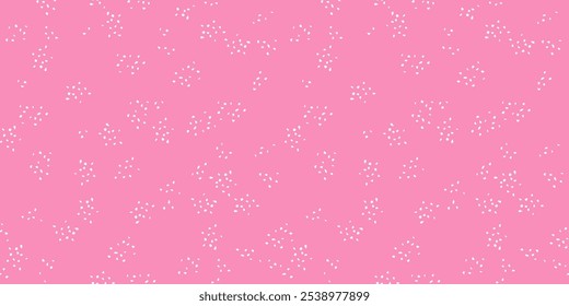 Polka dots ornament. Plain minimalist seamless pattern with abstract shape  random dots, spots, drops snowflakes on a pink background. Vector hand drawn sketch. 