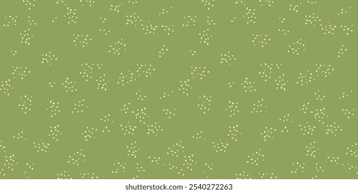 O enfeite de pontos de polka. Esboço desenhado à mão vetorial. Padrão simples minimalista sem emenda com pontos aleatórios de forma abstrata, manchas, gotas flocos de neve em um fundo verde. 