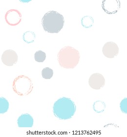 Polka dots pastel seamless pattern. Chalk brush hand drawn rounds, hoops, rings endless repeat print, abstract geometric pattern. Trending pastel ornament background. Polka dot vector illustration.