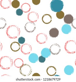 Polka dots pastel seamless pattern. Chalk brush hand drawn rounds, hoops, rings endless repeat print, abstract geometric pattern. Trending pastel ornament background. Polka dot vector illustration.