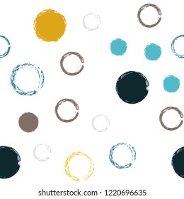 Polka dots pastel seamless pattern. Chalk brush hand drawn rounds, hoops, rings endless repeat print, abstract geometric pattern. Trending pastel ornament background. Polka dot vector illustration.