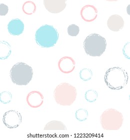 Polka dots pastel seamless pattern. Chalk brush hand drawn rounds, hoops, rings endless repeat print, abstract geometric pattern. Trending pastel ornament background. Polka dot vector illustration.
