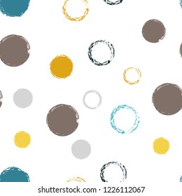 Polka dots pastel seamless pattern. Chalk brush hand drawn rounds, hoops, rings endless repeat print, abstract geometric pattern. Trending pastel ornament background. Polka dot vector illustration.