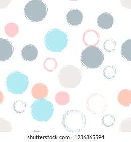 Polka dots pastel seamless pattern. Chalk brush hand drawn rounds, hoops, rings endless repeat print, abstract geometric pattern. Trending pastel ornament background. Polka dot vector illustration.