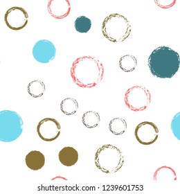 Polka dots pastel seamless pattern. Chalk brush hand drawn rounds, hoops, rings endless repeat print, abstract geometric pattern. Trending pastel ornament background. Polka dot vector illustration.