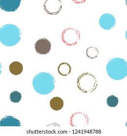 Polka dots pastel seamless pattern. Chalk brush hand drawn rounds, hoops, rings endless repeat print, abstract geometric pattern. Trending pastel ornament background. Polka dot vector illustration.