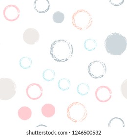Polka dots pastel seamless pattern. Chalk brush hand drawn rounds, hoops, rings endless repeat print, abstract geometric pattern. Trending pastel ornament background. Polka dot vector illustration.