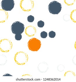 Polka dots pastel seamless pattern. Chalk brush hand drawn rounds, hoops, rings endless repeat print, abstract geometric pattern. Trending pastel ornament background. Polka dot vector illustration.