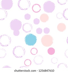 Polka dots pastel seamless pattern. Chalk brush hand drawn rounds, hoops, rings endless repeat print, circle geometric pattern. Trending pastel ornament background. Polka dot vector illustration.