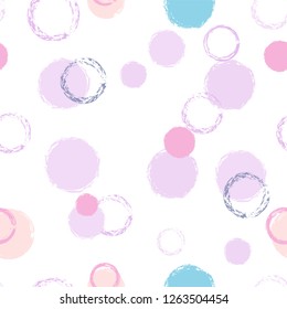 Polka dots pastel seamless pattern. Chalk brush hand drawn rounds, hoops, rings endless repeat print, circle geometric pattern. Trending pastel ornament background. Polka dot vector illustration.