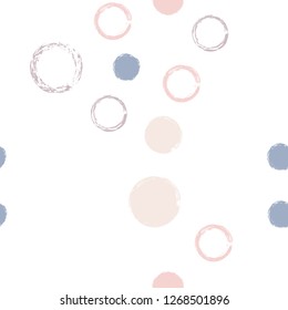 Polka dots pastel seamless pattern. Chalk brush hand drawn rounds, hoops, rings endless repeat print, circle geometric pattern. Trending pastel ornament background. Polka dot vector illustration.