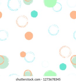 Polka dots pastel seamless pattern. Chalk brush hand drawn rounds, hoops, rings endless repeat print, circle geometric pattern. Trending pastel ornament background. Polka dot vector illustration.